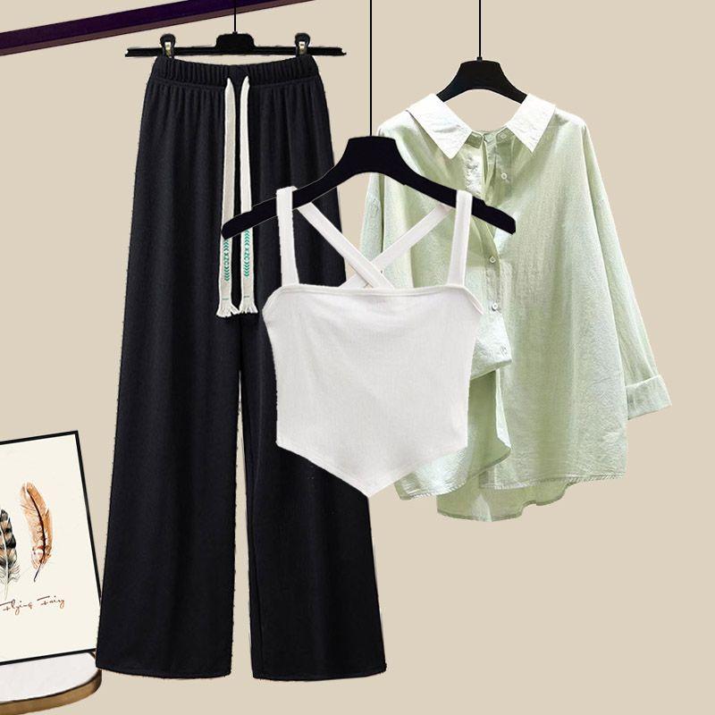 Product Introduction of plus Size Women's Summer Suit Female 2024 New Slim Korean Style Shirt Cross Tank Top Wide Leg Pants Three-Piece Suit Suit 17