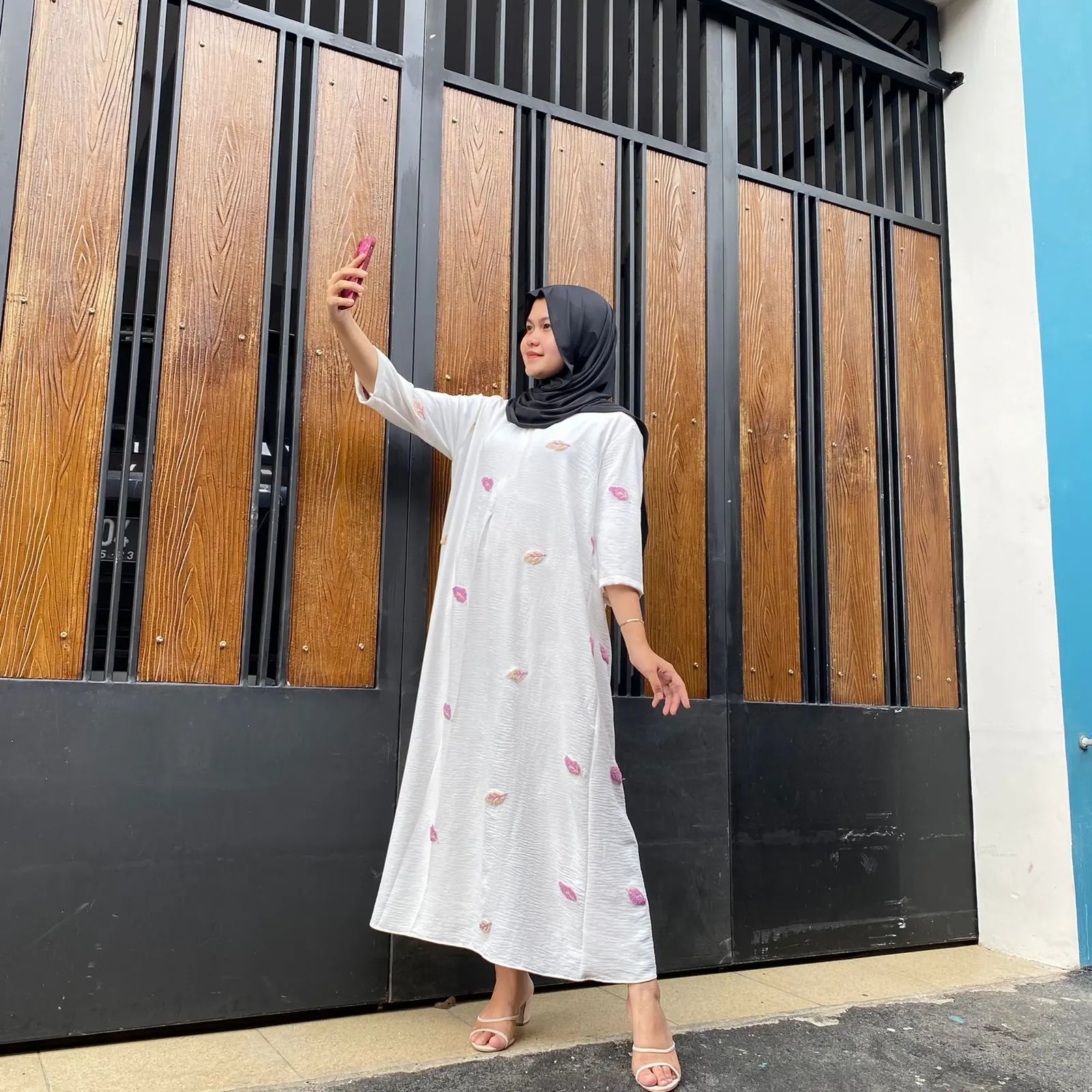 Feliceclo - Daster Gamis Pompom Crinkle Lengan 3/4 Airflow Muslim