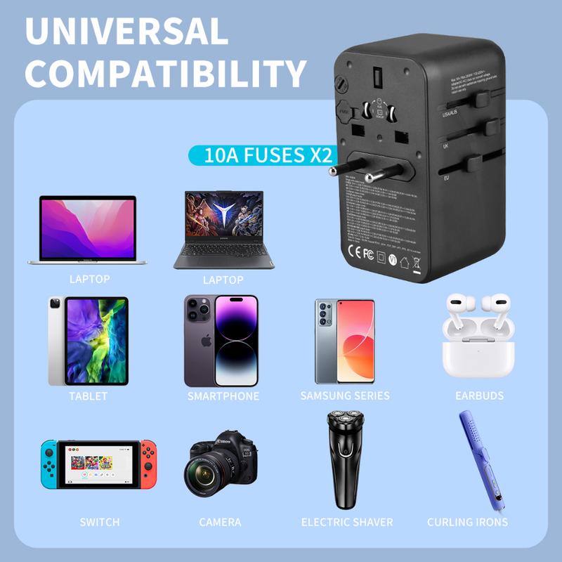AIRDROPTECH GaN III PD 100W Universal Travel Adapter Wall Charger USB-A Type-C PD Fast Charging 4