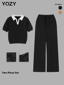 YOZY Women's Colorblock Short Sleeve Tee & Drawstring Waist Pants Two-piece Set, Casual Round Neck T-shirt & Trousers for Daily Wear, Ladies Two-piece Outfits for All Seasons