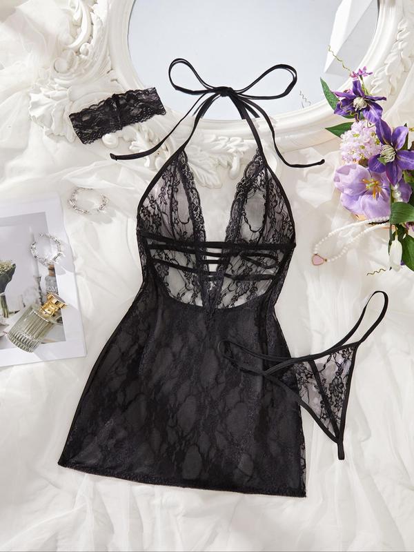 Women's Solid Color Lace  Halter Neck Nightdress & Thong Sexy Sleepwear Set, Sexy Fashion  Tie Back Backless Sleeveless  Nightgown & Panty Set, Women's Sleepwear for All Seasons 0