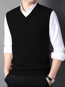 Plus Size Solid V Neck Cable Knit Vest, Regular Fit Casual Sleeveless Jumper Vest for Spring & Fall, Fashion Men's Knitwear for Daily Wear