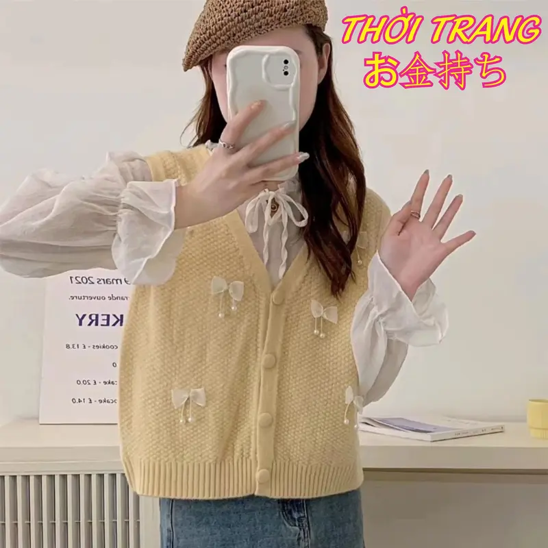 Áo gile len đính nơ cúc bọc cổ V nhiều màu 406 6