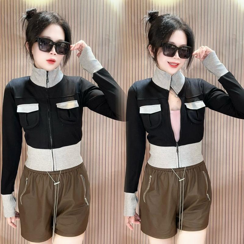 Áo Khoác Nữ Cổ Trụ Dáng Croptop Ôm Gọn - Vải Thun PC GEN  Dày Dặn Mịn Mát  - 2 Túi Trong Women Jacket Nhung 4