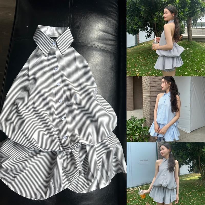 (3 MÀU) JULIE DEROSE SET - Set 2 Món Áo Yếm Nữ Có Cổ Hỡ Lưng Kèm Quần Bí Cute Chất Liệu Mềm Mát Không Nhăn Women Top Sọc Kẻ