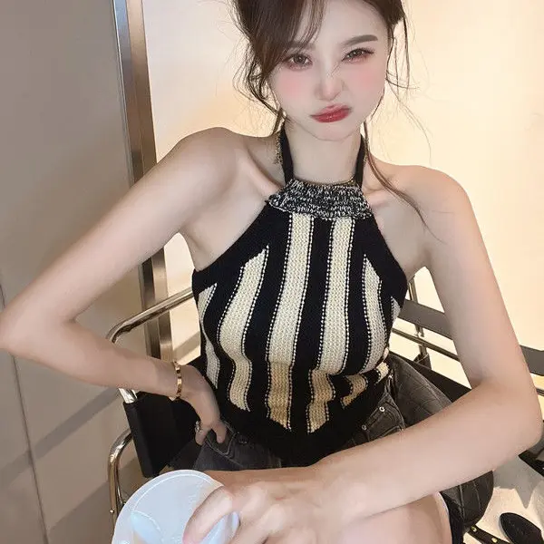 Áo Yếm Dệt Kim Kẻ Sọc Cho Nữ, Áo Hai Dây Retro Trễ Vai, Cô Gái Nóng Bỏng, Gợi Cảm, Có Thể Mặc Bên Trong, Áo Ngắn Lớp Cơ Sở, Mùa Thu Women Top