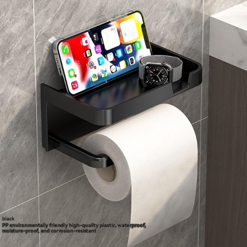 Punch-free Plastic Toilet Paper Holder, 1 Count Wall Mounted Tissue Roll Dispenser with Phone Shelf, Bathroom Tissue Roll Holder for Home 0