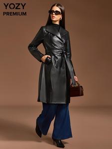 YOZY Women's Solid Pocket Double Button Belted PU Leather Quilted Jacket, Casual Lapel Long Sleeve Outerwear for Fall & Winter, Women's Clothing for Daily Wear