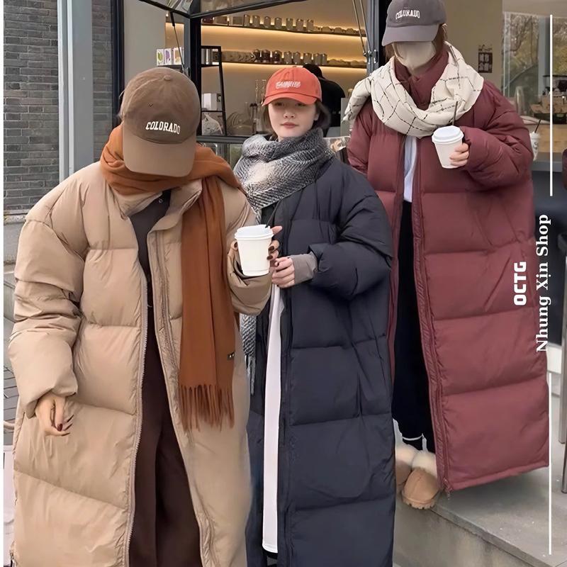 Áo khoác phao dáng dài KO MŨ KO LOGO unisex nam nữ phong cách Hàn Quốc