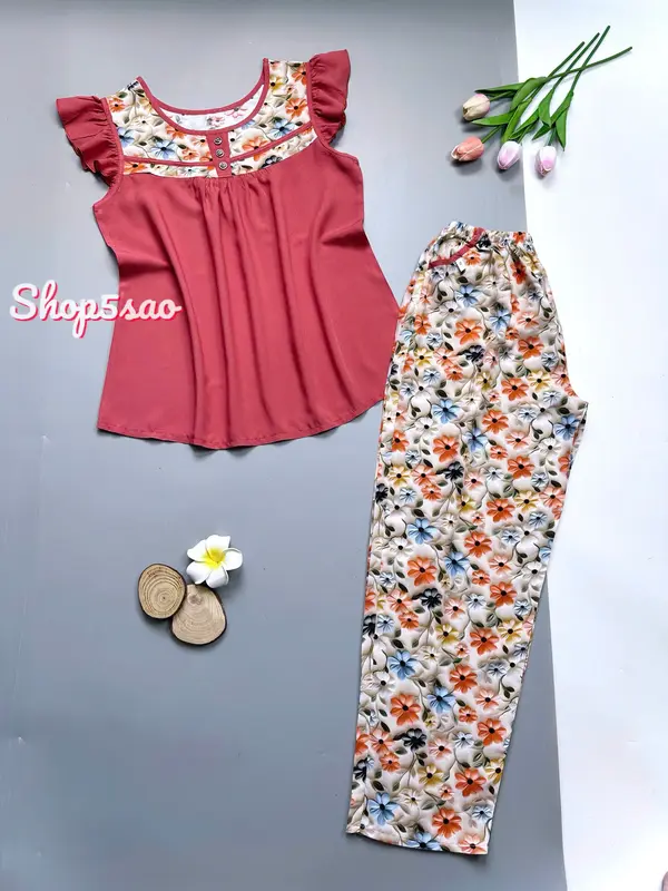 Bộ lanh mặc nhà, đồ bộ tole nữ SHOP5SAO phối màu cao cấp,quần dài (58-75kg) Women Đồ mặc nhà 3