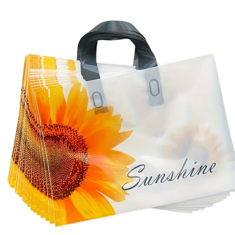 Sunflower Pattern Gift Bag, 50pcs Reusable Plastic Tote Bag with Handle, Gift Packaging Supplies for Wedding, Birthday, Baby Shower, Holiday Decorations 3