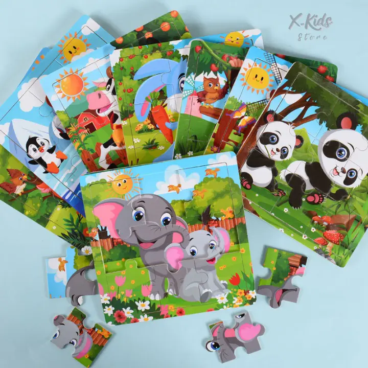 ✨ ✨ Bộ Tranh Ghép Hình 16 Mảnh Cho Trẻ Em, Hình Động Vật Và Phương Tiện, Phát Triển Tư Duy Cho Bé - Xkid-Store