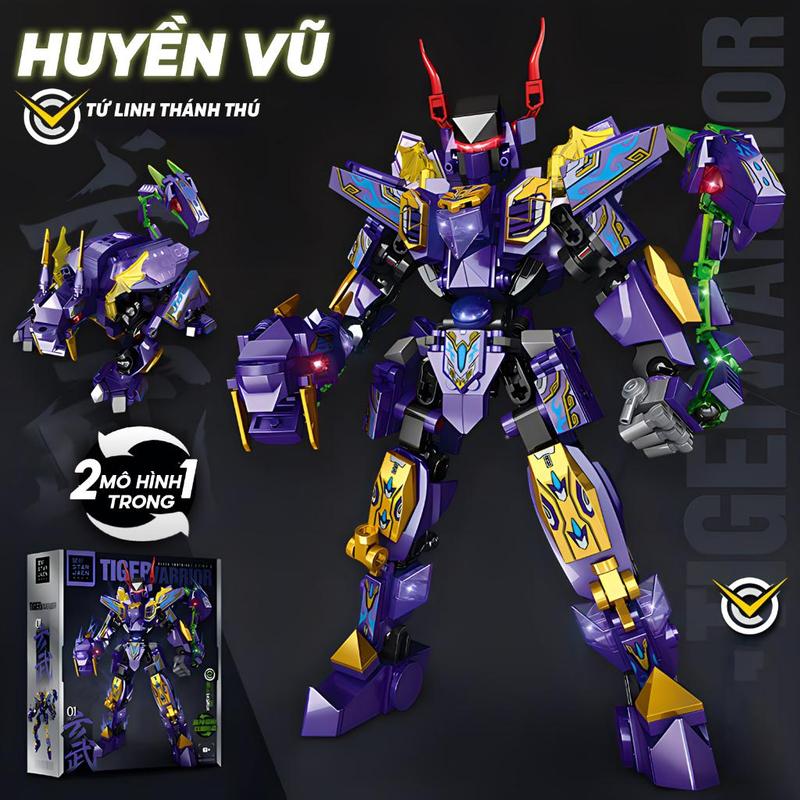 [538 chi tiết] Đồ chơi lắp ráp Robot biến hình thú thần thoại Mecha Thanh Long, Bạch Hổ, Chu Tước, Huyền Vũ, Đồ chơi xếp hình robot biến hình thông minh cho bé