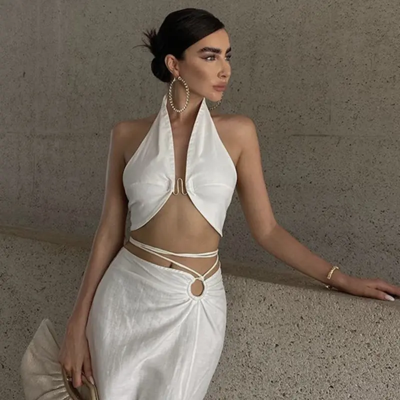 Female Vest, Solid Color Halter Neck Sleeveless Backless Crop Tops Short Camisole for Summer, White, S/M/L