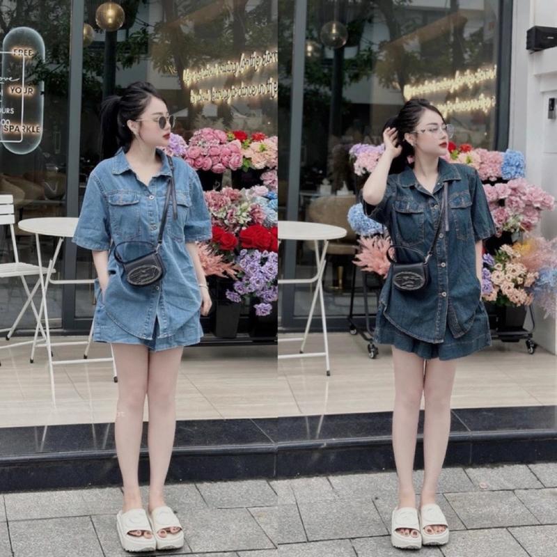 Bộ jeans Nữ Áo Sơmi Vạt Bầu Dáng Suông Hai Nắp Túi Quần Sooc Đủ Hai Màu Đậm Nhạt Có Size 40-85kg Top Women set đồ ra sân bay set jean