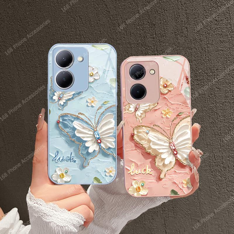 เคสโทรศัพท์, สำหรับ Vivo Y39 Y36 Y27 5G, เคสกันกระแทก, สไตล์ภาพสีน้ำมันผีเสื้อน่ารัก, หรูหรา, วัสดุแ