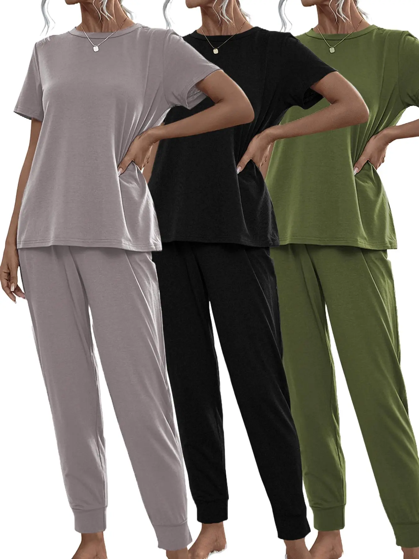 Women's Solid Color Pocket Tee & Pants Pyjama Set, Casual Comfy Round Neck Short Sleeve T-Shirt & Trousers PJ Set, Ladies Summer Sleepwear, Pajamas