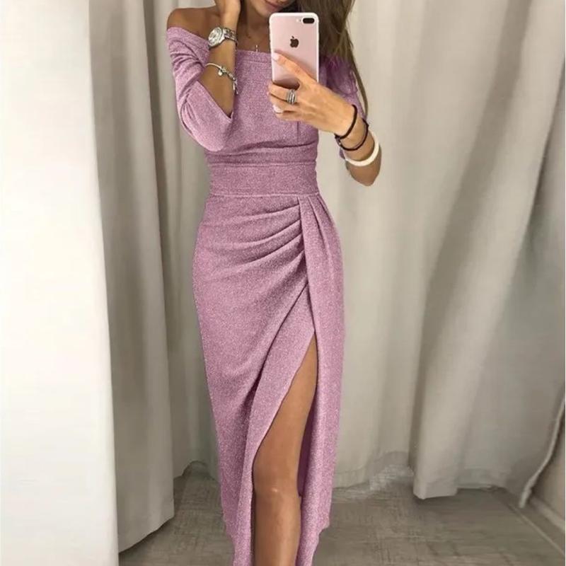 Product Introduction of Women's Slit Off-Shoulder Dress Off-Shoulder Gown New Evening Sexy Slit Slimming Long Sleeve Elegant Woman Formal Womenswear Lingerie Comfort Workwear Basic Black Minimalist 1