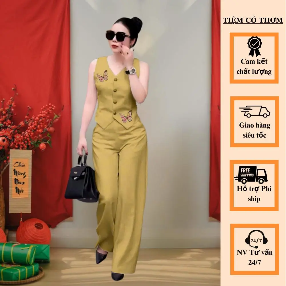 BỘ THÊU BƯỚM - Đồ bộ trung niên CỎ THƠM, hàng thiết kế, dáng suông. Nữ Women,THỜI TRANG TRUNG NIÊN