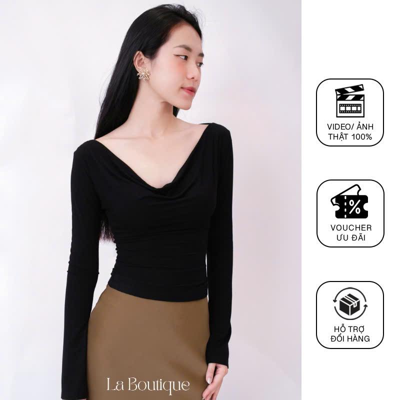La Boutique - Áo thun cổ đổ tay dài kiểu hở lưng cao cấp Nữ