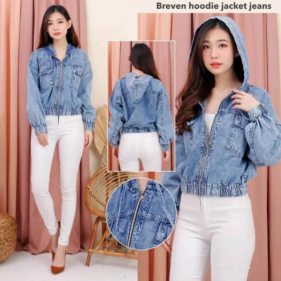Jaket Jeans Denim Zipper Hoodie Crop Washing Snow Biru Nyaman Wanita