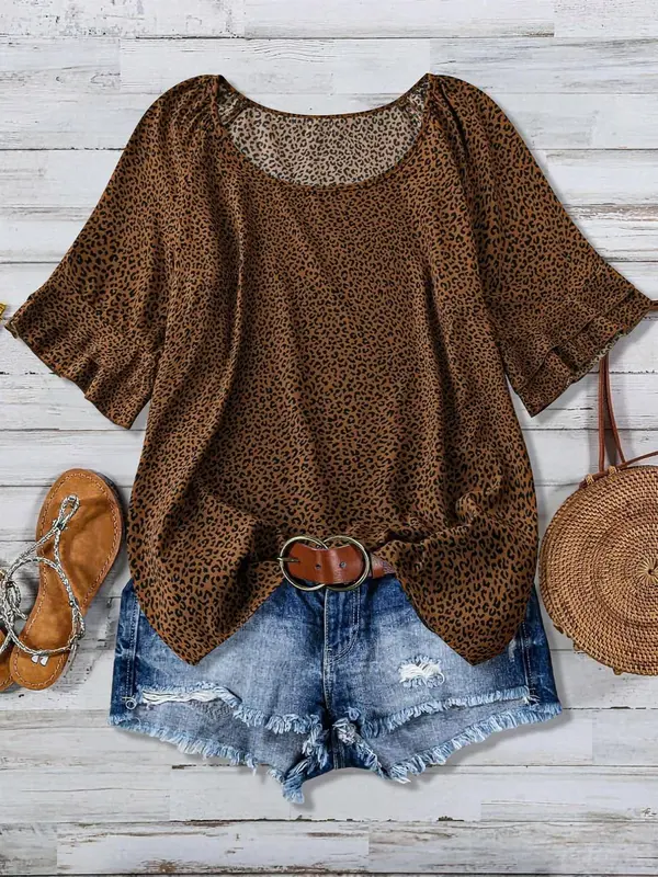 Plus Size Leopard Print Flounce Sleeve Blouse, Elegant Round Neck Half Sleeve Top for Spring & Fall, Women's Plus Clothing for Daily Wear 0