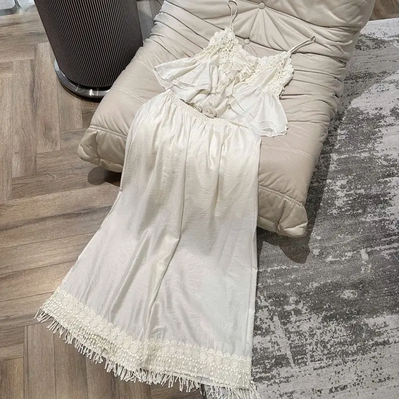 Sét lụa tơ 2 dây phối ren màu kem hàng qccc