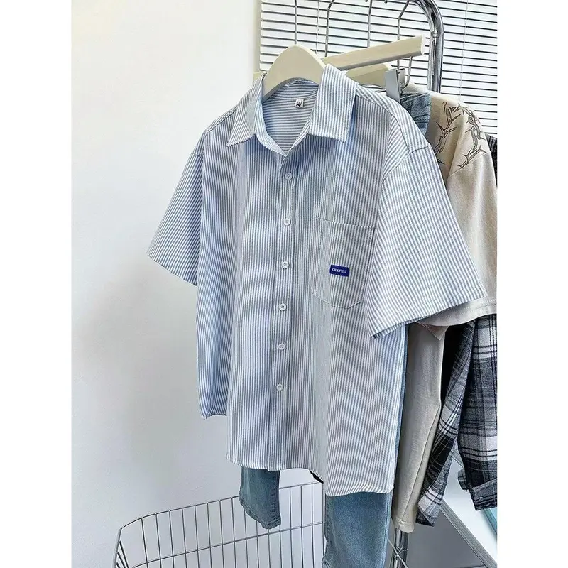 Áo sơ mi ngắn tay sọc Xanh Biển retro kiểu Nhật Bản, áo sơ mi bé trai và bé gái mùa hè rộng rãi, phù hợp với đa năng, mỏng, áo mới, áo khoác ngoài 5