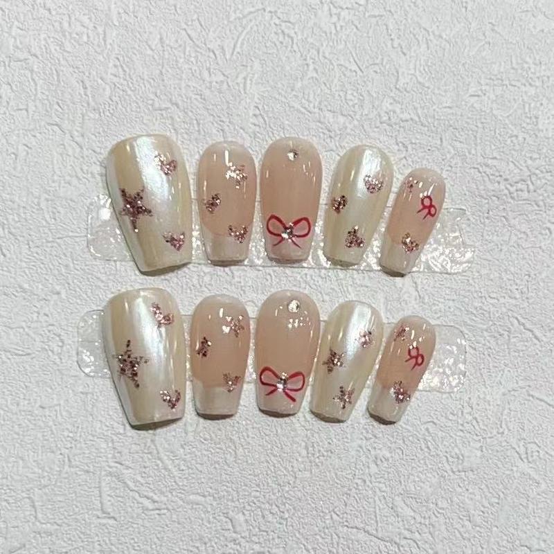 Simple French Removable Press On Nails Coffin Bow Metallic Nail Gems Classy Nails Hand Drawn Nail Tips 2