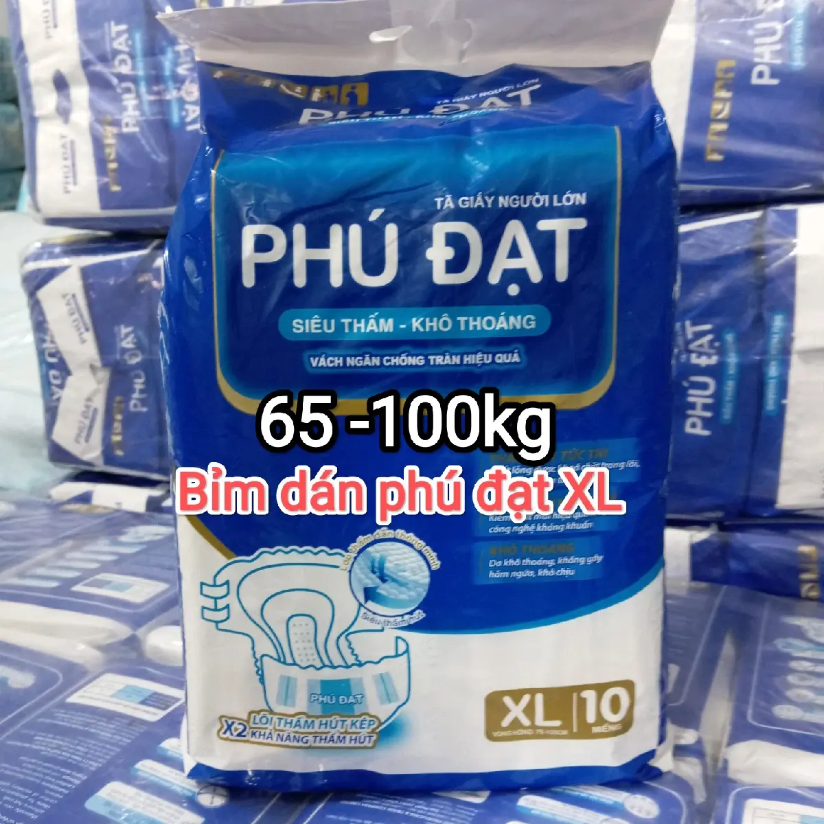 Bỉm dán phú đạt XL - 1gói 10 miếng (65-100kg) có vách chống chào mềm mại thấm hút