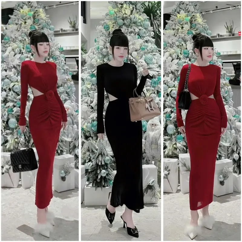 ĐẦM BODY TAY DÀI, KHOÉT EO ĐÍNH HOA GIỮA (40kg-55kg), chất thun ladong [GL80014] Nữ Women Dress Voi 0