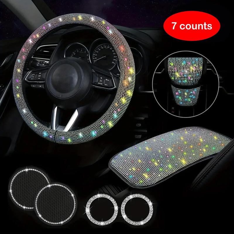 Rhinestone Car Interior Decoration Set (7pcs), Including Car Steering Wheel Cover, Armrest Box Mat, Gear Handle Cover, 2 Coaster & 2 Starting Ring 0