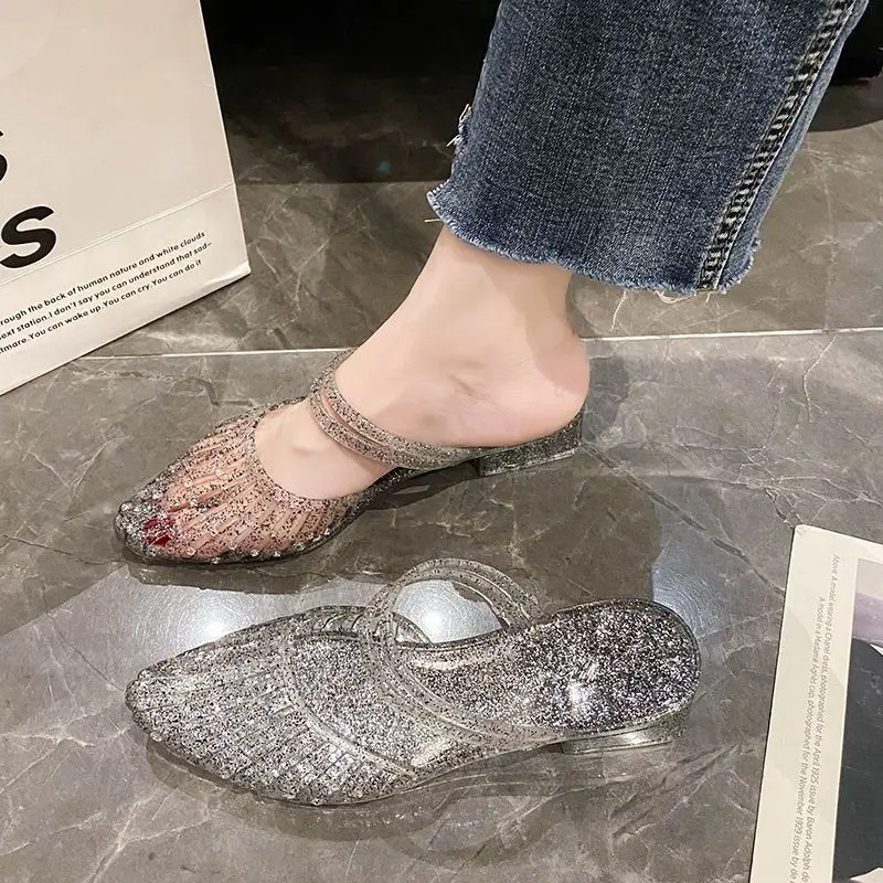 [ ​ clear sandals]Trendy Crystal Sandals for Women, Fashionable New Versatile Summer Outdoor Non-Absorbent Non-Slip Pointed Toe Half Slippers[Transparent crystal sandals]