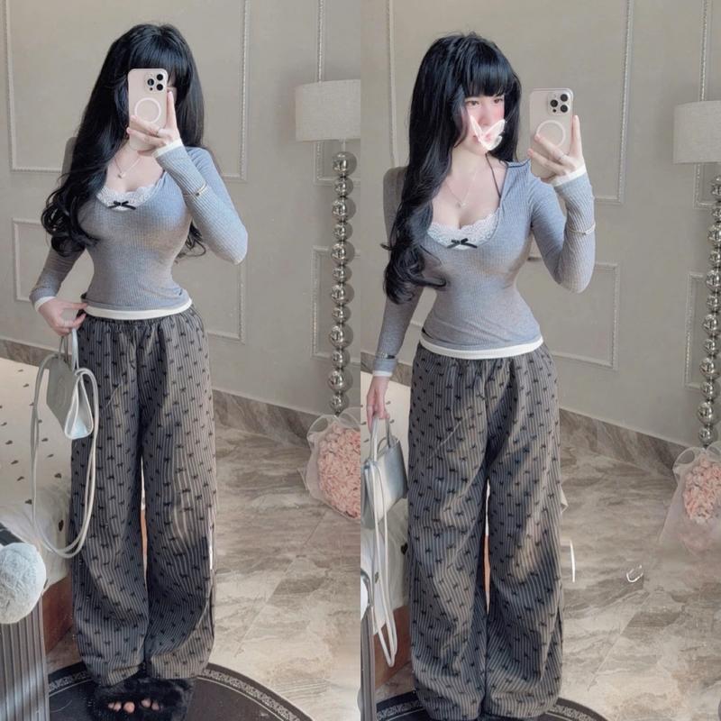 Set Áo Tay Dài Xám Phối Ren Trắng Viền Trắng Kèm Quần Suông In Nơ Mini - Nữ Women Top-X49 0