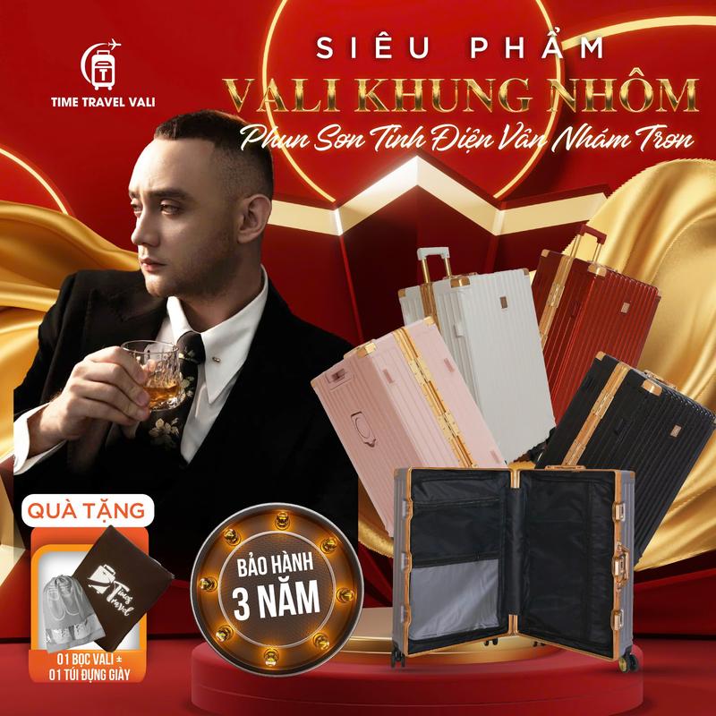 NB959 - Vali Vàng Gold bản cao cấp khung nhôm khóa sập mạ sơn vàng tĩnh điện cao cấp thiết kế 3 lớp nhựa PC chịu lực >90kg kèm khay đựng cốc