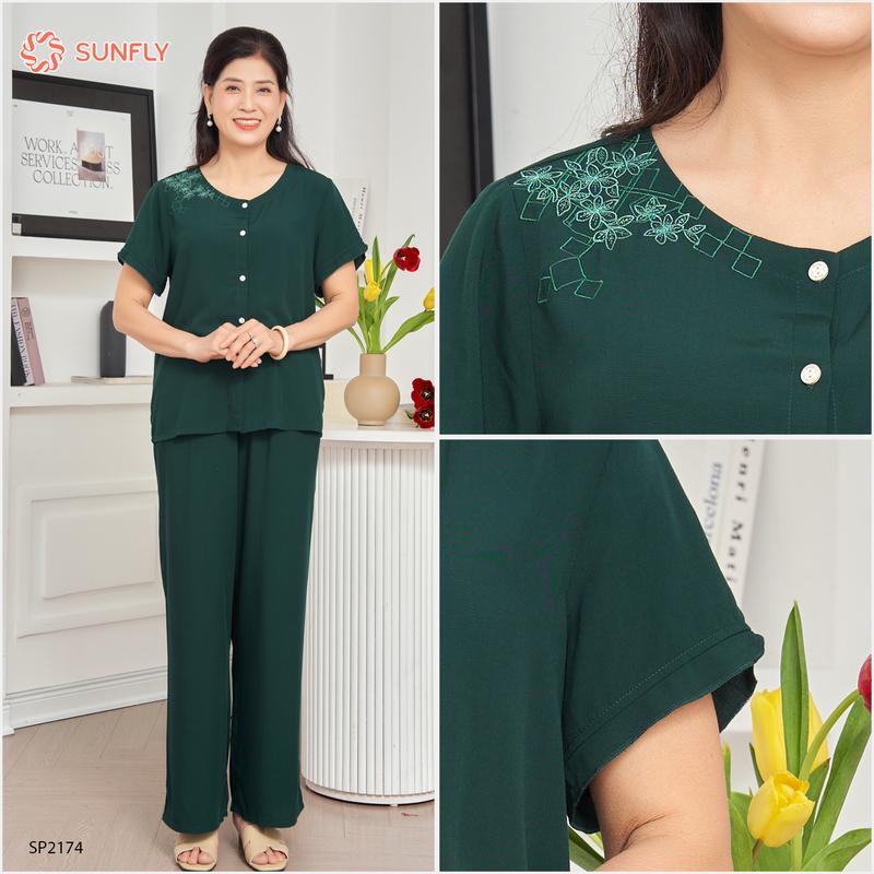 Bộ Lanh Mặc Nhà SUNFLY Áo Cộc Quần Dài SP2174 4