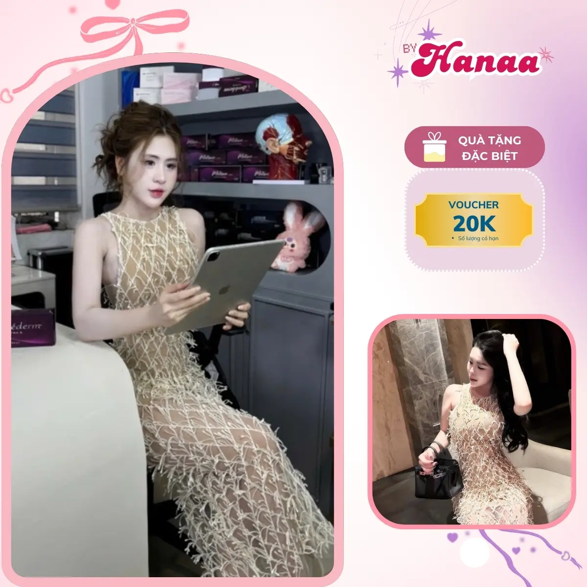 Đầm body ren lông cổ yếm dáng dài siêu sang