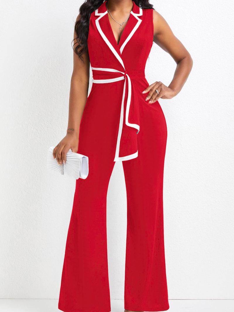 Product Introduction of Women's Contrast Binding Belted Wrap Flare Leg Jumpsuit, Summer Clothes Women, Modern Style One Piece Lapel Neck Jumpsuit for Summer, Jumpsuit for Women, Ladies Summer Clothes for Business Office, Jumpsuitwome 7