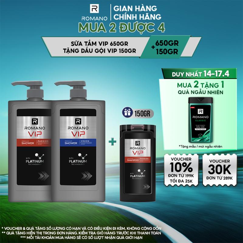 Sữa tắm cao cấp Dưỡng Ẩm Da cho nam Romano Vip 650g + Dầu gội Vip 150g