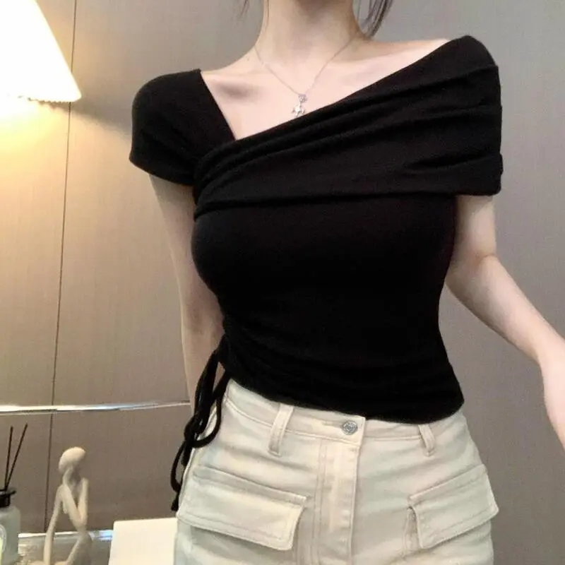 Áo Thun Dây Rút Bất Đối Xứng, Phong Cách Thường Ngày Dành Cho Nữ, Thiết Kế Trơn Top Women Sơ Mi Shirt Cổ Tròn baby  tee 1