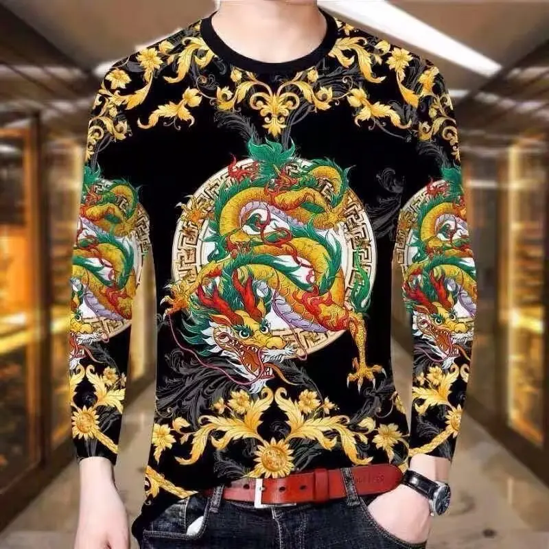 Menswear clothing long-sleeved T-shirt 2023 new autumn fashion brand fashion National style dragon picture printing stylish all-matching top