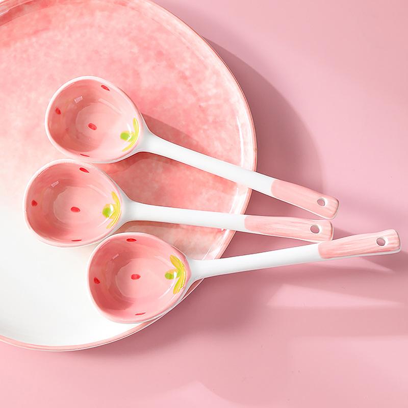 Product Introduction of 1Pc Cute Strawberry Ceramic Soup Spoon Ice Cream Hand Painted Coffee Dessert Long Handle Spoon Kitchen Tableware Accessories Cutlery Fruit 26