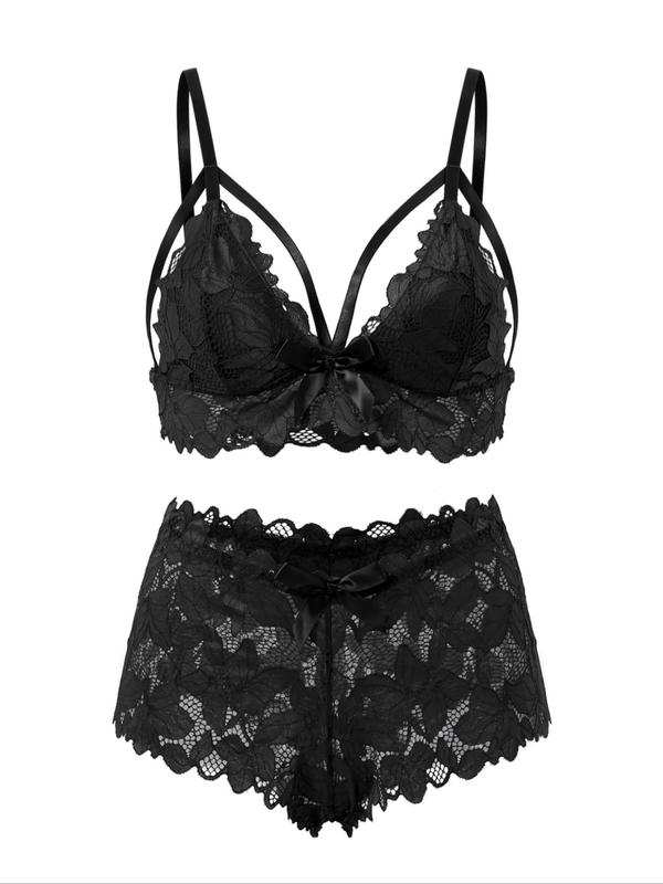 【Plus Size】 Bow Decor Lace Bra & Scallop Trim Brief Boxer Set, Naughty Lingerie, Push Up Lingerie & Sheer Panty, Underwear Set Super Push Up Bra, Festival Wear 2024, 2 Piece Set for Girls Women, Bralettes Top & Bottoms Set, Fall Clothes 6
