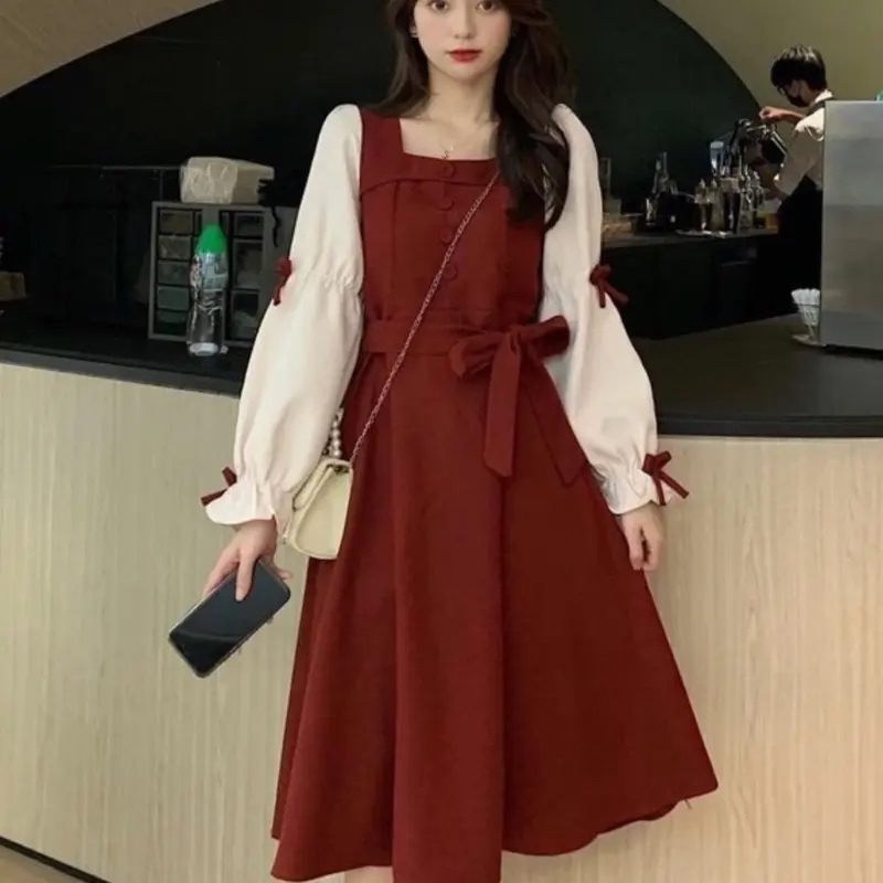 Đầm bầu bigsize 40-100kg váy bầu thu đông Mặc Noel diện tết đi tiệc chất tăm nhung phối tay hoạ tiết nơ xinh xắn Len 4