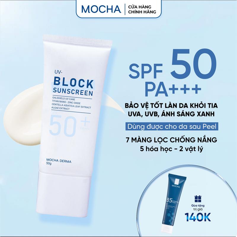 Kem Chống Nắng 7 Màng Lọc Mocha Derma , SPF 50+ Kèm Sữa Rửa Mặt B5 Skincare Sunscreen
