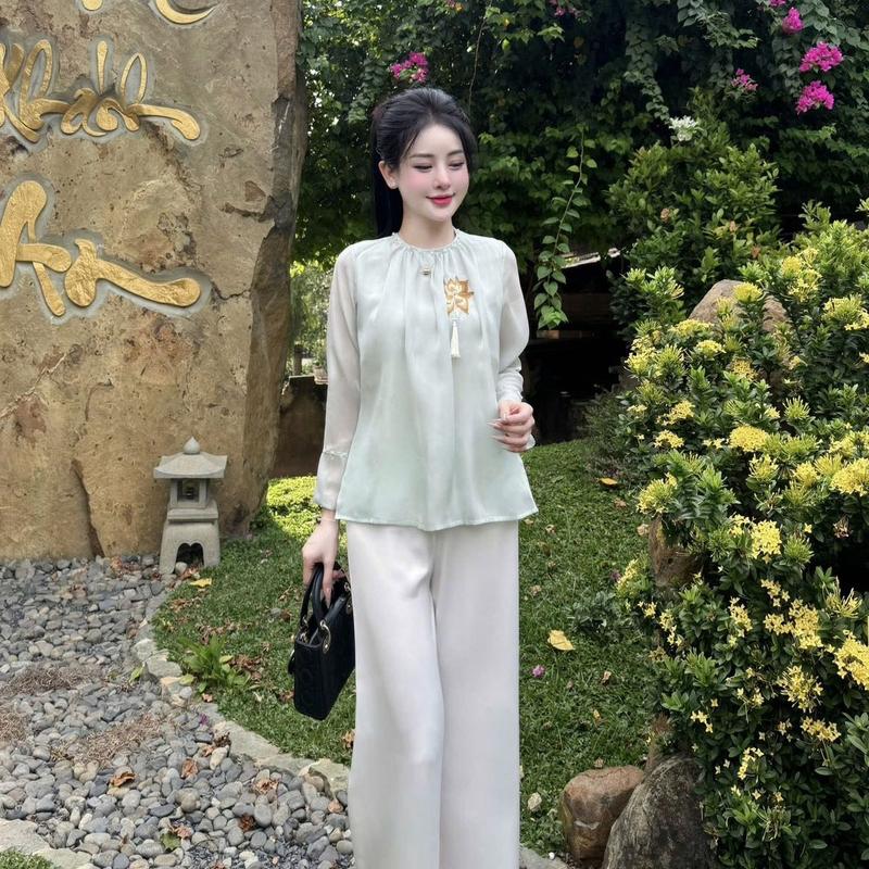 Lẻ áo lụa tơ thêu sen đính ngọc có tặng kèm charm -Pháp phục Hà Anh ( áo kèm quần) Nữ Women 0