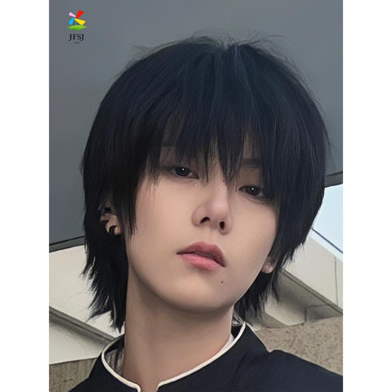 Wig Ekor Serigala untuk Pria, Kepala Mullet Gaya Jepang, Poni Sedikit Terbagi, Alat Peraga Foto Gaya Anime, Penutup Rambut Kepala Penuh Halus 1