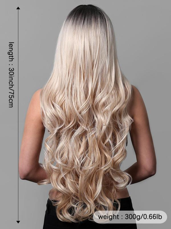 30 Inch Long Ombre Blonde Wavy Wigs for Women, Gorgeous Fluffy Wigs with Bangs, Synthetic Full Machine Wigs for Party, Daily Use 1