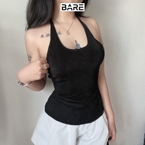 BARE.Y2K_Áo Cổ Yếm Cột Dây Có Lớp Lót Chất Dệt Nhũ Ánh Kim_A292 Nữ Women Top Thun Voi Cotton Jean Cổ Tròn Voan 2