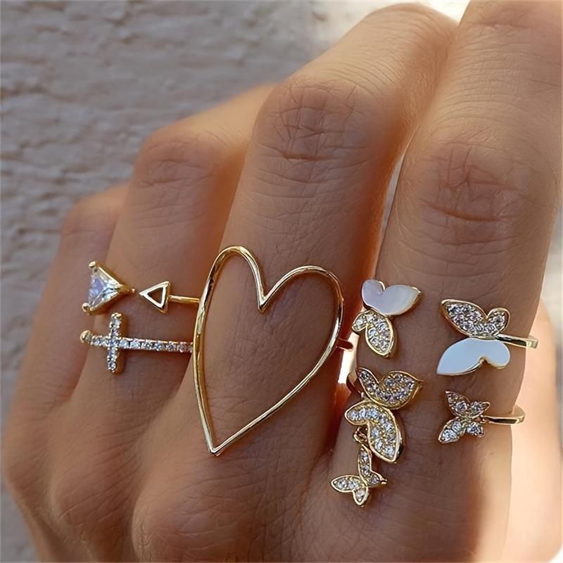 Product Introduction of 5pcs/set Random Rings Elegant Heart Butterfly Triangle Ring Alloy Rings Valentine's Day Gift 1